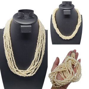 Vintage Faux Pearl 6 Strand Matinee Necklace Versatile Twisted 22" Ivory Classic